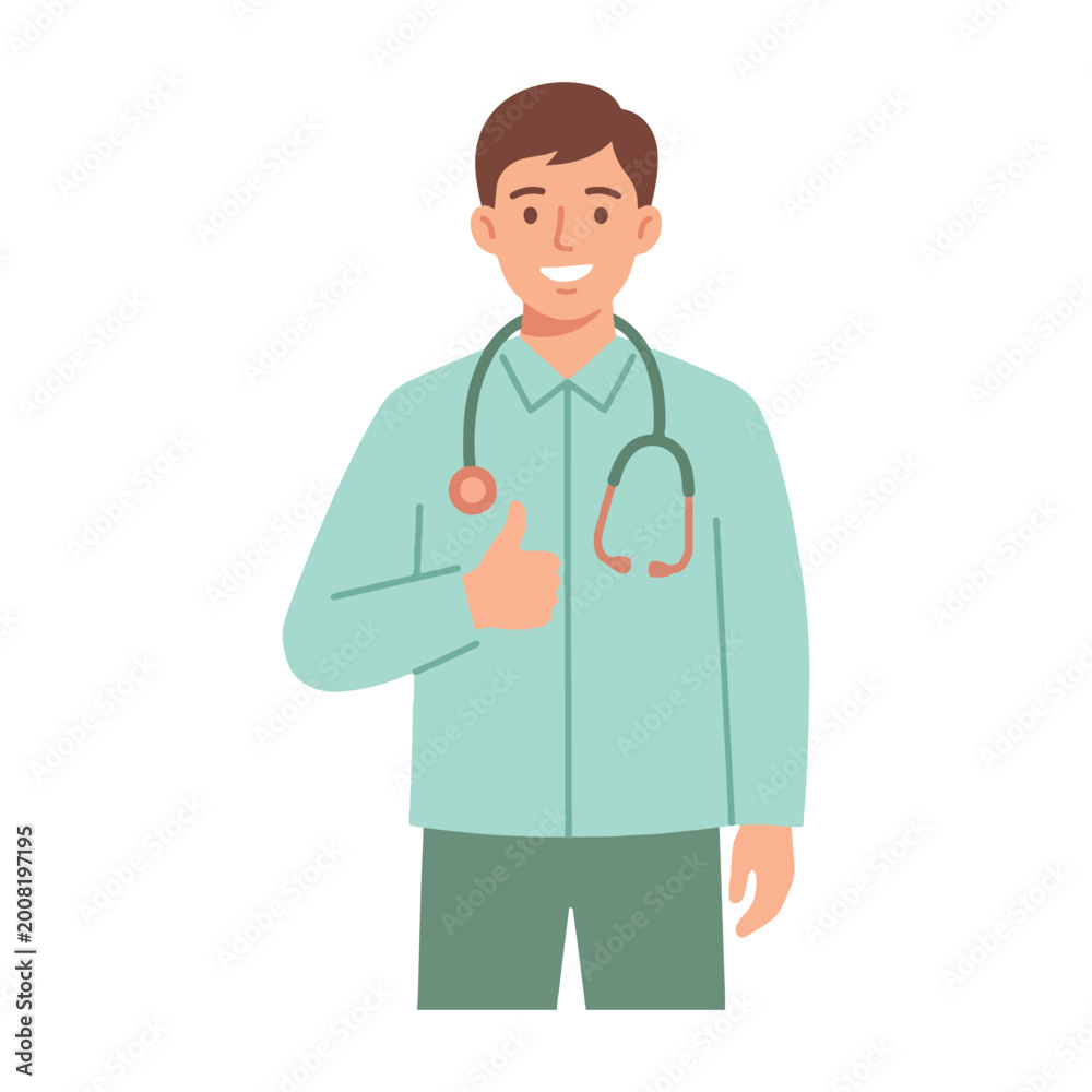 Fototapeta premium Friendly male doctor giving a thumbs up gesture with a stethoscope around his neck, conveying health and care