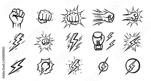 Collection of hand gestures and power symbols in a sketchy style