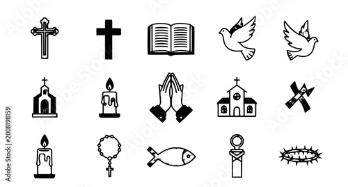 Schilderij op canvas Collection of christian symbols crosses bible doves and religious icons