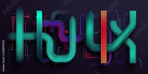 neon abstract ai digital circuit typography with 3d glowing u and d shapes, futuristic technology background