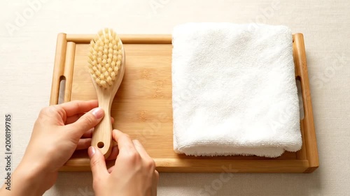 Hands Holding Natural Bristle Brush Over Towel On Wooden Tray Suggesting Relaxation And Self-Care Spa Rituals