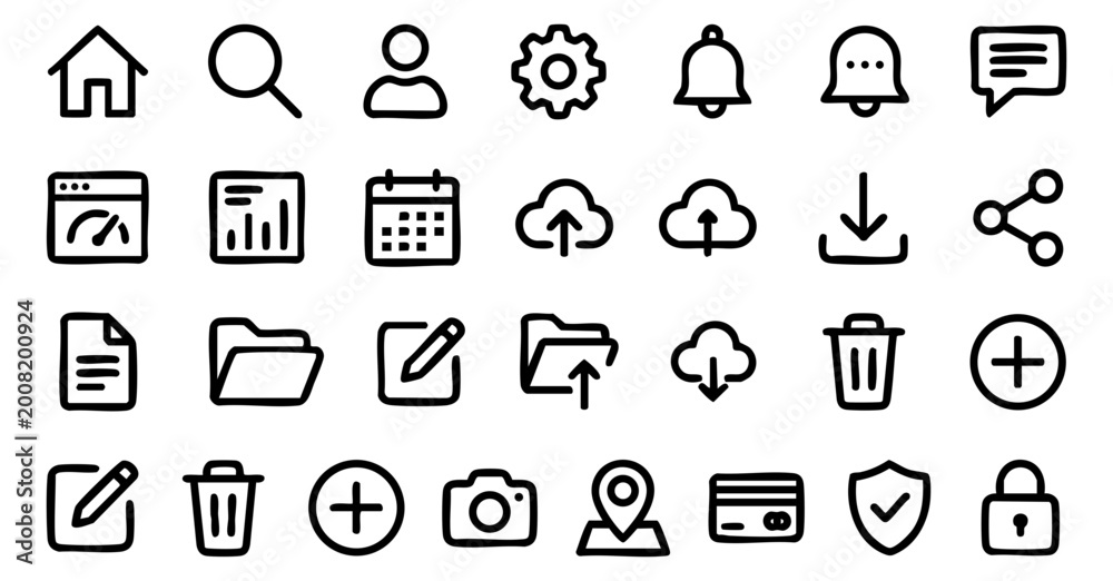 Fototapeta premium Hand drawn collection of various user interface outline icons designed as a digital vector graphic for modern web site development