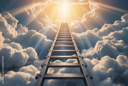 A ladder reaching up to the sun in the sky with clouds and sunbeams shining