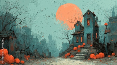 Pumpkins on streets near houses under orange moonlight