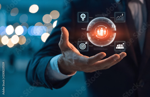 Change management strategy concept with business professional presenting digital team interface, organizational transformation process, leadership alignment and workforce transition planning