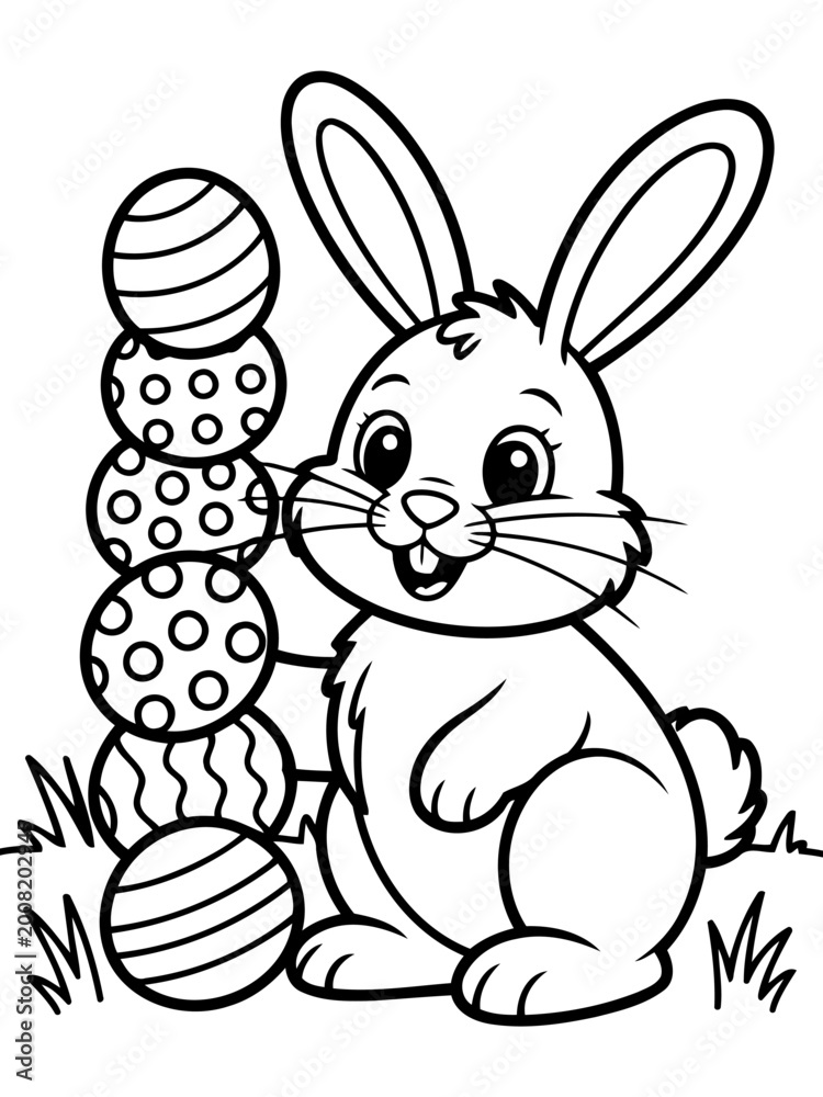 Fototapeta premium Easter Bunny and Egg Stack: A charming Easter bunny stands beside a stack of decorated Easter eggs, ready for the upcoming holiday.