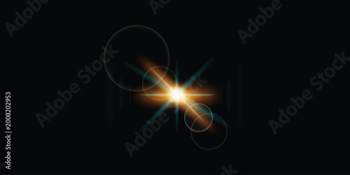 Foto This cinematic golden lens flare with anamorphic blue light rays and soft bokeh circles is isolated on a transparent black background