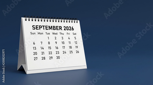 September 2026 spiral bound desk calendar 3D render for business scheduling deadline planning event management and monthly agenda organization concepts
