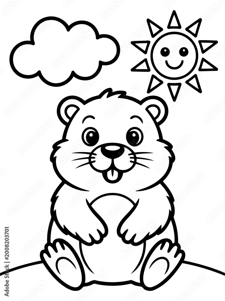 Fototapeta premium Cheerful Groundhog Illustration: A charming groundhog character, playfully sticking out its tongue, sits beneath a smiling sun and fluffy cloud, offering a sense of pure delight and whimsy.