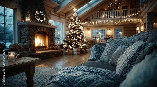 Cozy living room with Christmas tree and fireplace in evening light