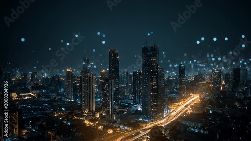 Smart city digital transformation concept with light trails over modern urban skyline at night, fast internet communication, 5g and fiber optic technology

