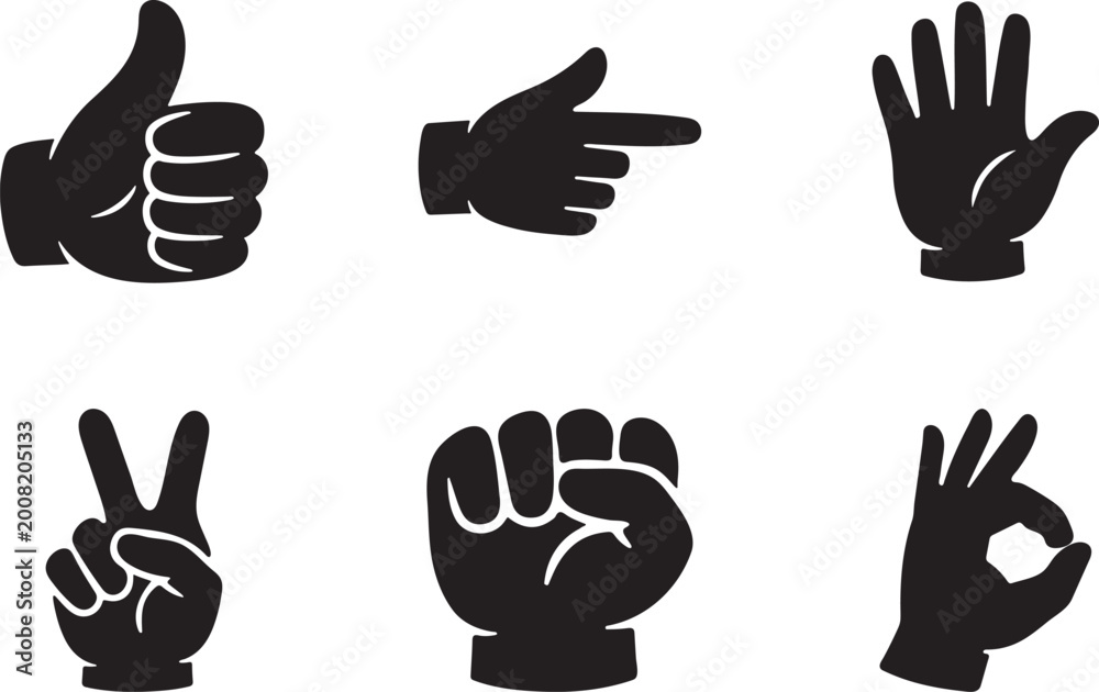 Fototapeta premium Hand gesture icon set, human signs collection vector simple outline.