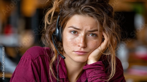 Woman with headset in room image captures a woman wearing a headset seated within a room environment focus on the setting and accessory