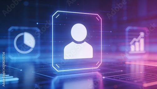 Digital Identity and Data visualization: A futuristic digital interface displays user profiles and data, illuminating the intersection of technology and personal information.