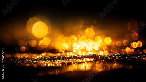 Brilliant amber lights create a sparkling horizontal band against a dark background.