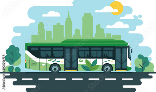 Cuadro en lienzo Flat design illustration of an eco friendly green electric bus traveling through a modern city with skyscrapers and trees for sustainable urban public transportation