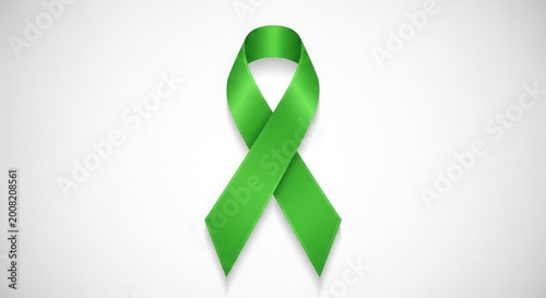 Bright green awareness ribbon on plain background