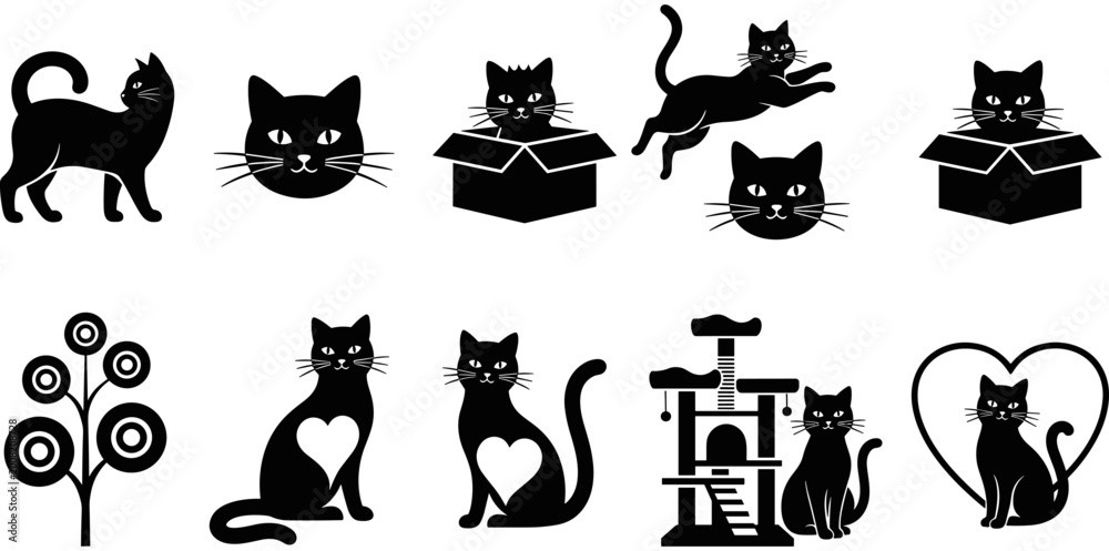 Obraz premium Black cat silhouettes, feline icons, jumping kitty, kitten in box, pet lover symbols, heart cat, animal vector graphics, creative design elements, illustration.