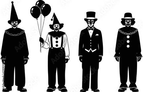 Fotografi Black clown silhouettes, circus performer icons, carnival jester characters, fun