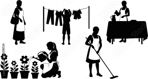Obraz na płótnie Woman, silhouettes, chores, household, housework, laundry, cleaning, watering, plants, gardening, domestic, worker, housekeeper, homemaker, maid, apron, vector, illustration, lifestyle, tasks