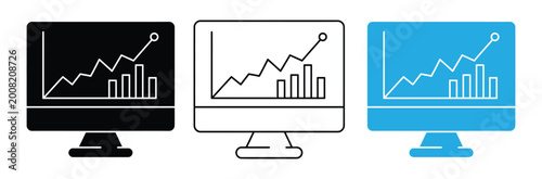Foto Three computer monitors displaying graphs and charts in black, White, And blue c
