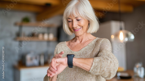Senior woman checks her smartwatch with a warm smile.