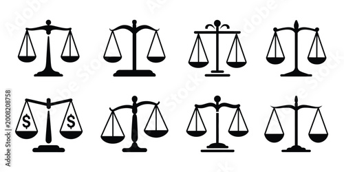 Tableau sur toile Scales of justice silhouette icon set with black balance symbols for law court l