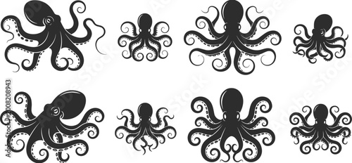 Tableau sur toile Set, of, eight, octopus, silhouettes, in, various, poses, with, curled, tentacles, for, nautical, design, aquatic, marine, wildlife, vector, illustration, element