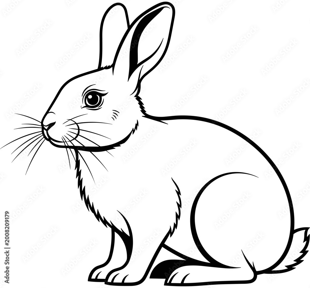 Fototapeta premium Rabbit line art illustration, cute bunny outline for coloring book, simple black and white animal vector, easter bunny drawing background. 
