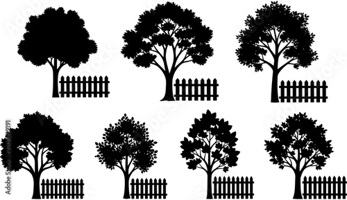 Fotografie Silhouette of deciduous trees behind picket garden fences, nature landscape elements for outdoor design, black vector illustration set on white