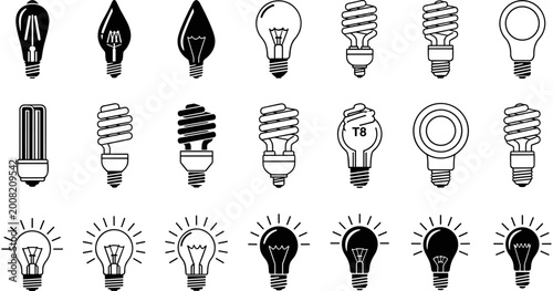 Black, and, white, collection, of, various, light, bulb, icons, including, incandescent, halogen, fluorescent, and, LED, lamps, isolated, on, white, background.