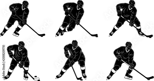 Photography Ice hockey player silhouette set, professional athletes skating and playing with sticks, winter sports competition action poses, vector illustration icons