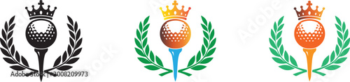 Golf ball on tee with crown and laurel wreath, winner sport emblem vector.