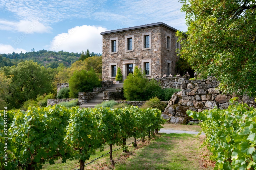 Naklejka premium Stone farmhouse overlooking a thriving vineyard under blue sky