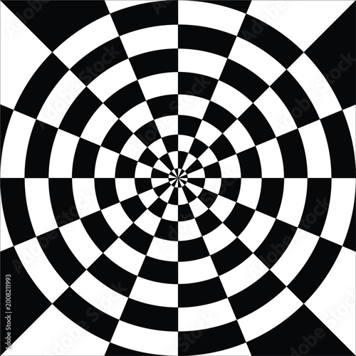 Φωτογραφία Optical illusion checkerboard vector, hypnotic black and white circular tunnel,