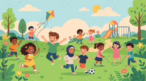 Children play outside in a park on a sunny day with a kite and ball