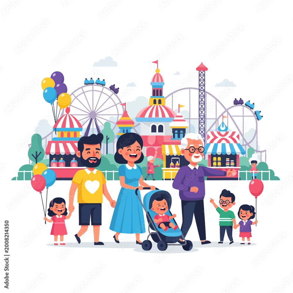 Fototapeta premium Flat vector illustration of a multi-generational family with parents, children, grandfather, and baby in a stroller at a carnival with a Ferris wheel and roller coaster.