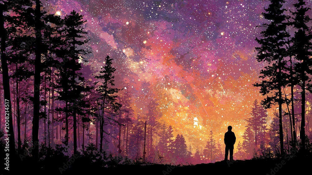 Fototapeta premium Person stands among trees under a colorful night sky