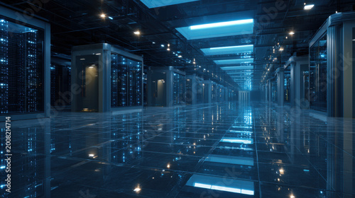 Futuristic data center corridor with glowing servers and reflective floor, showcasing advanced technology and digital infrastructure. atmosphere is sleek and modern, emphasizing innovation