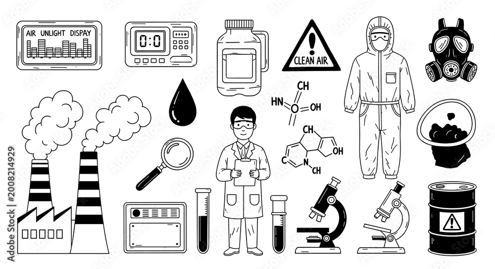 Fototapeta premium A series of black line art icons illustrating laboratory equipment, chemical formulas, factory smoke, protective suits, and hazardous material barrels on a white background.