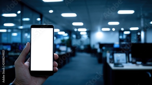 Person holding a mobile device with blank screen in a dimly lit modern workplace
