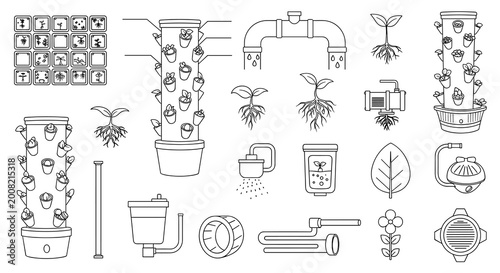 Line art depictions of hydroponic and aeroponic vertical farming systems, showcasing cultivation towers, irrigation pipes, pumps, and plant growth stages on a white background.