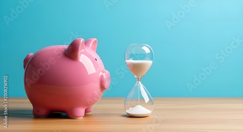 Piggy Bank and Hourglass on Blue Background pension concept
