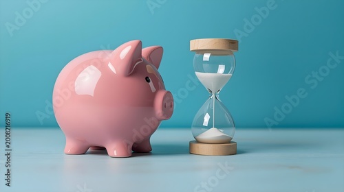Piggy Bank and Hourglass on Blue Background pension concept