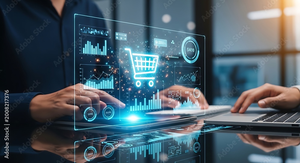 Fototapeta premium Business analytics dashboard with shopping cart icon and financial charts, representing e-commerce growth and data analysis in a modern office setting.