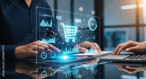 Business analytics dashboard with shopping cart icon and financial charts, representing e-commerce growth and data analysis in a modern office setting.
