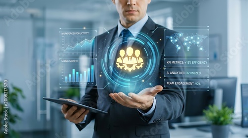 Businessman analyzes team performance and global growth with futuristic holographic interface showcasing KPIs, workforce productivity, and AI analytics.