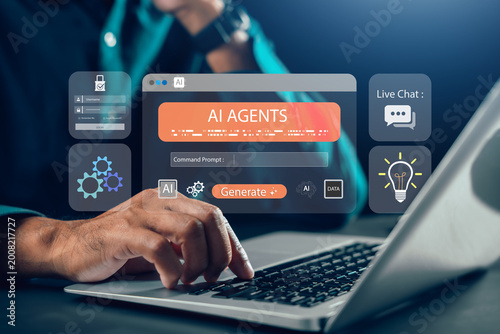Ai agent platform utilizes command prompt generation system, artificial intelligence technology for business automation digital innovation, person uses laptop for data and live chat support