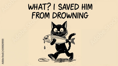 A humorous illustration of a black cat walking while holding a fish in its paws. 