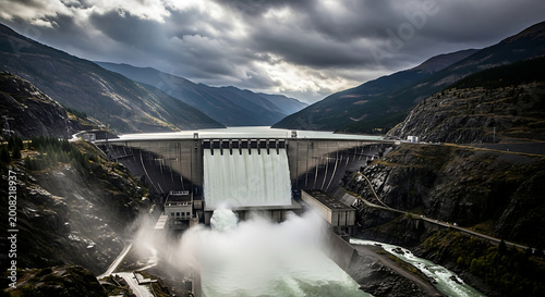 Aerial drone footage of a large concrete dam releasing water, surrounded by dramatic, cloudy mountains and a powerful river below.